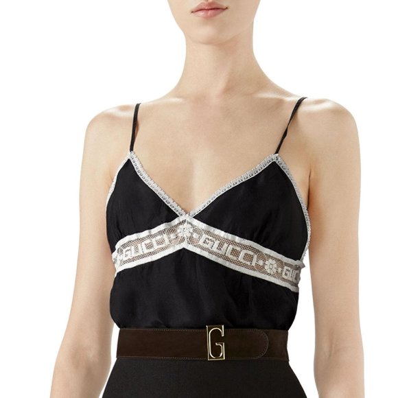 Gucci Tops - Gucci Silk Logo Lace Camisole Slip in Black new with tags